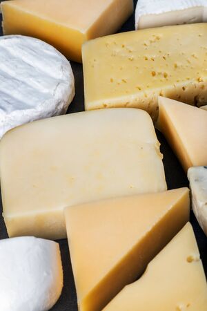 different varieties of cheese, hard, brine, soft and with mold on the tableの写真素材