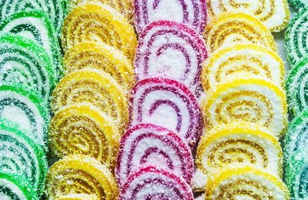 Colorful rainbow colored  jelly candies. Juicy colorful jelly sweets. Multi-color marmalade jelly candyの写真素材