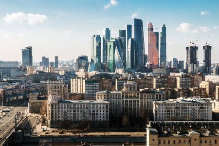 Moscow, Russia-February 22, 2020: panoramic view of the Central and business part of Moscow from the height of flightのeditorial素材