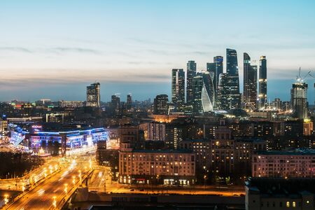 Moscow, Russia-February 22, 2020: panoramic view of the evening Central and business part of Moscow at sunsetのeditorial素材