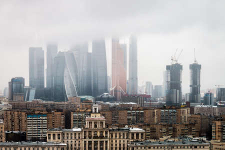 Moscow, Russia-February 23, 2020: panoramic view of the Central and business part of Moscow from the height of flight in rain and fogのeditorial素材