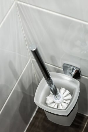 cleaning brush for cleaning the toilet bowl in the toilet room. Focus on the bristles of the brushの写真素材