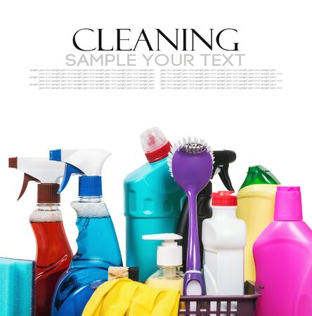 assortment of cleaning products in isolation on a white background. Different tools for cleaning the apartmentの写真素材