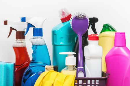 assortment of cleaning products on a light background. Different tools for cleaning the apartmentの写真素材