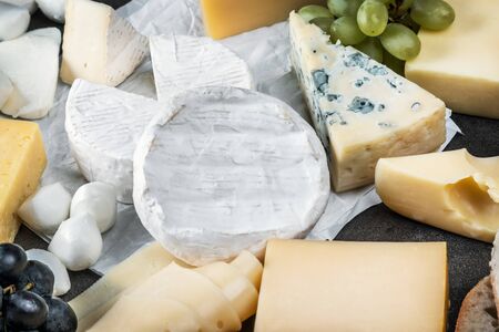 different types of cheese with fruits, nuts and snacks. Background of cheeseの写真素材