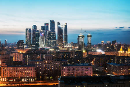 Moscow, Russia-February 23, 2020: panoramic view of the Central and business part of Moscow from the height of flight in at sunsetのeditorial素材