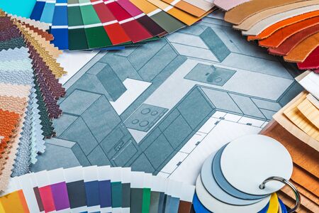 select a color from the color sample pallets in the designers workspace. choice of materials, textures and colors for room renovationの写真素材