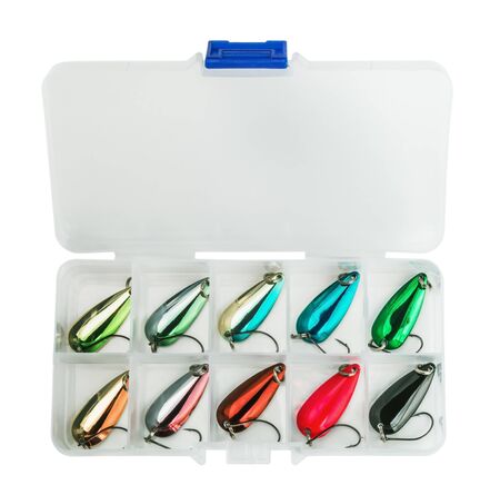 small fishing lure for catching predatory fish in a box isolated on a white backgroundの写真素材