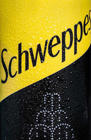 Moscow, Russia-June 16, 2020: Schweppes carbonated drink in an aluminum can, background. Schweppes is a brand of soft drinks founded by Jacob Schwepp in 1783のeditorial素材