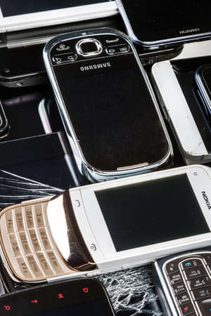 Moscow, Russia-may 19, 2020: outdated and modern models of smartphones, mobile phones and tablets....