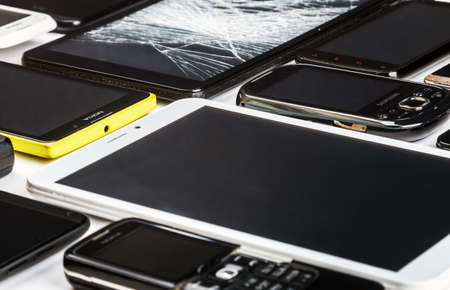 Moscow, Russia-may 19, 2020: outdated and modern models of smartphones, mobile phones and tablets....