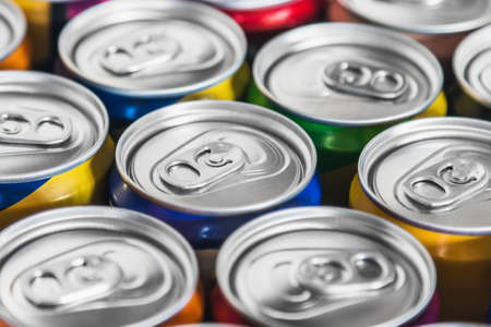 aluminum cans with carbonated water, energy drinks or beer. Background of aluminum cansの写真素材