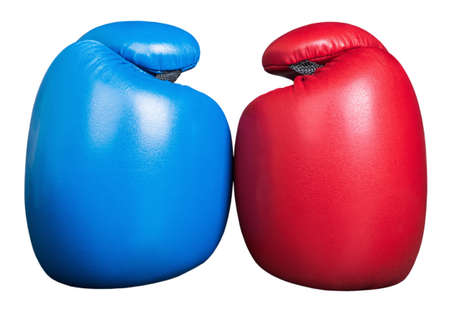 Boxing gloves in red and blue isolated on a white background.の写真素材