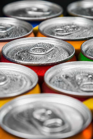 aluminum cans with carbonated water, energy drinks or beer. Background of aluminum cansの写真素材