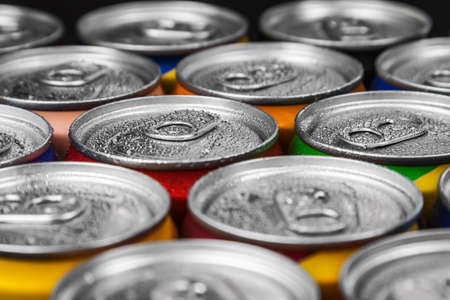 aluminum cans with carbonated water, energy drinks or beer. Background of aluminum cansの写真素材