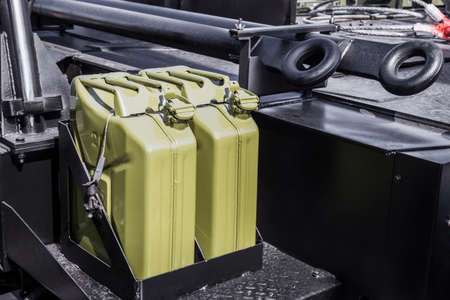 fuel can is attached to the Board of a truck or military vehicleの写真素材