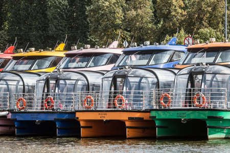 Moscow, Russia-August 23, 2020: ships of the Radisson Royal Moscow flotilla are moored on the Taras Shevchenko embankment in Moscowのeditorial素材