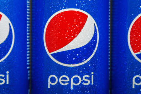 Moscow, Russia-November 11, 2020: carbonated Pepsi drink in aluminum cans. Pepsi is a soft carbonated drink produced by the American company PepsiCo.のeditorial素材