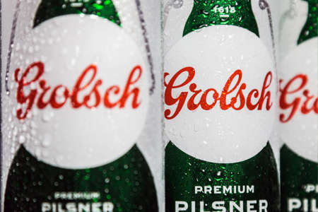 Moscow, Russia-November 11, 2020: aluminum cans of Grolsch beer. Grolsch brewery (Grolsche...