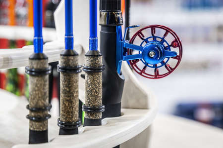 fishing inertial reel the counter in the fishing store.の写真素材
