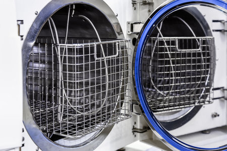 automatic horizontal autoclave is used in medicine for sterilization at high pressureの写真素材