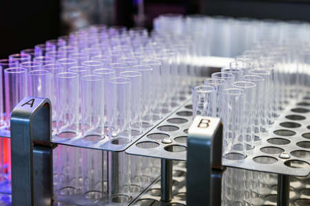 test tubes stand in the rack of a medical center or laboratoryの写真素材