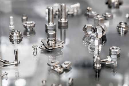 various metal fasteners, nuts and bolts for construction work and repairの写真素材