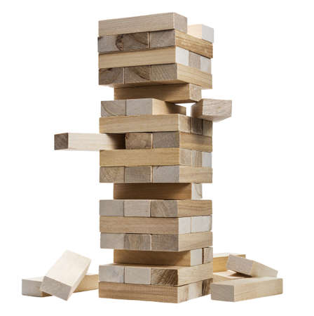 tower made of wooden blocks isolated on a whiteの写真素材