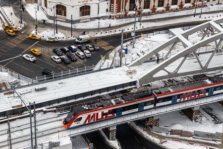 movement of trains of the Moscow Central Diameter and other transport of the big cityのeditorial素材