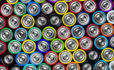 Various Close up background of various alkaline batteriesの写真素材