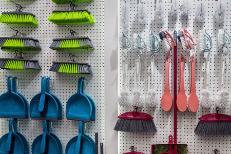 plastic brushes for cleaning and washing on the store shelf