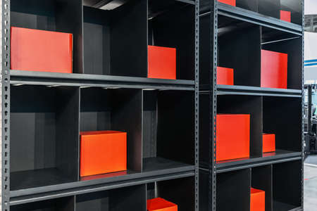 Retail Warehouse full of Shelves with Goods in Cardboard Boxesの写真素材