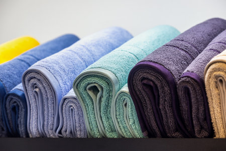 different color towels on the counter of the storeの写真素材