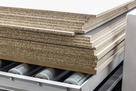 particle boards are stacked on a wood-cutting machineの写真素材