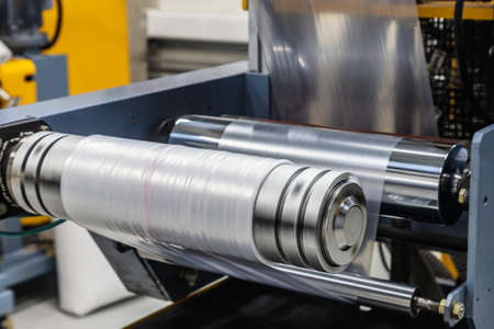 machine with roll of newly produced transparent plastic film