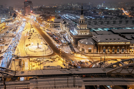 Three Railway stations Square on a winter evening in Moscowのeditorial素材