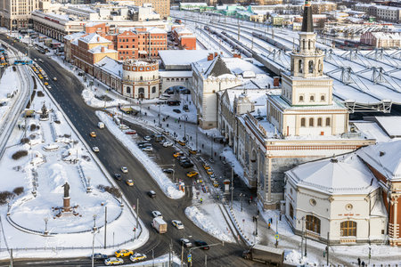 Kazan railway station, walking people and cars in the parking lot at the stationのeditorial素材