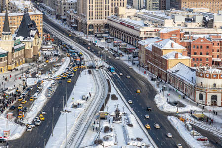Three Railway station Square on a winter day in Moscowのeditorial素材