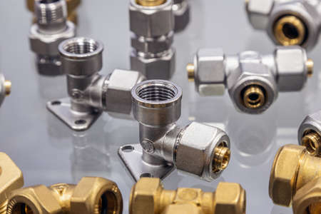 fittings and valves, copper and steel adapters and plumbing fixturesの写真素材