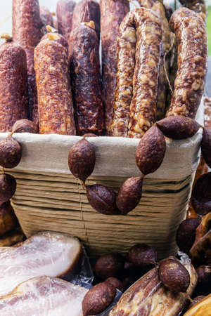 assortment of various sausage products, sausage and hamの写真素材