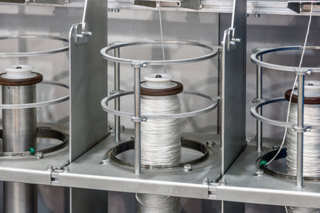 bobbins with rope on the machine of a clothing factoryの写真素材