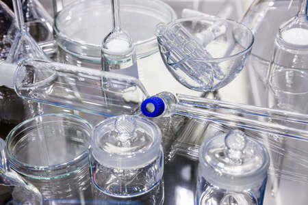 medical flasks, test tubes and other glassware for experimentsの写真素材