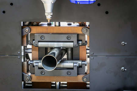 software-controlled machine for laser cutting of metal stainless pipesの写真素材