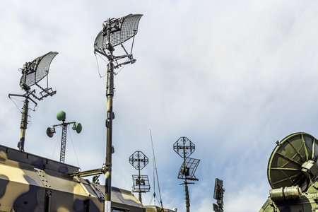 antennas and radar detection station of the anti-aircraft missile systemの写真素材
