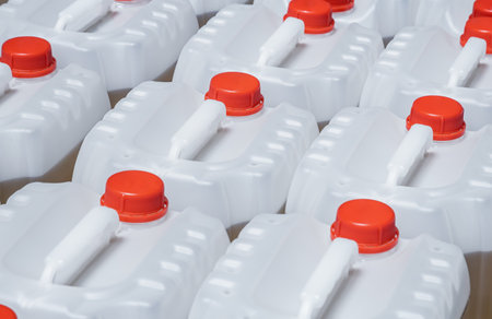 light-colored plastic cans in stock, production, factoryの写真素材