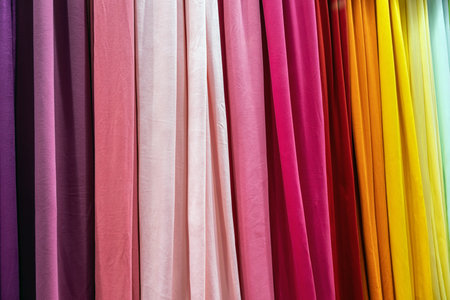 samples of cloth and fabrics in different colors found at a fabrics marketの写真素材
