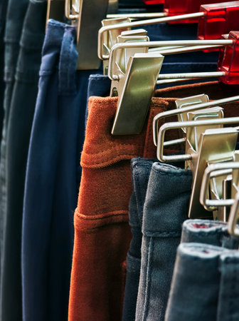 many models of jeans from different denim, texture, color hangの写真素材