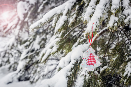 Christmas tree toy is hanging on a winter tree covered with snow in the forestの写真素材