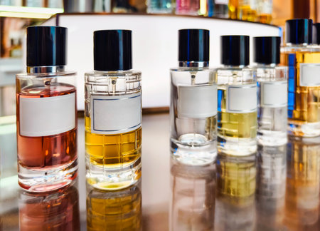 Selection of elegant perfume bottles displayed on a luxurious countertop in a boutique settingの写真素材