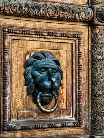 Intricate lion door knocker on a beautifully carved wooden door from a historic buildingの写真素材